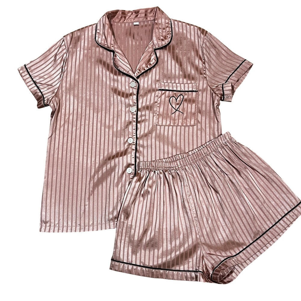 Rose Gold Striped Satin Pajama Set S Women's Short Sleeve Heart Pocket Lounge
